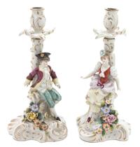 A Pair of Continental Porcelain Candlesticks Height 9 1/2 inches. — 19TH CENTURY