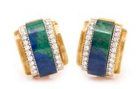 A Pair of 18 Karat Yellow Gold, Platinum, Azurmalachite and Diamond Earclips, David Webb, 21.30 dwts.