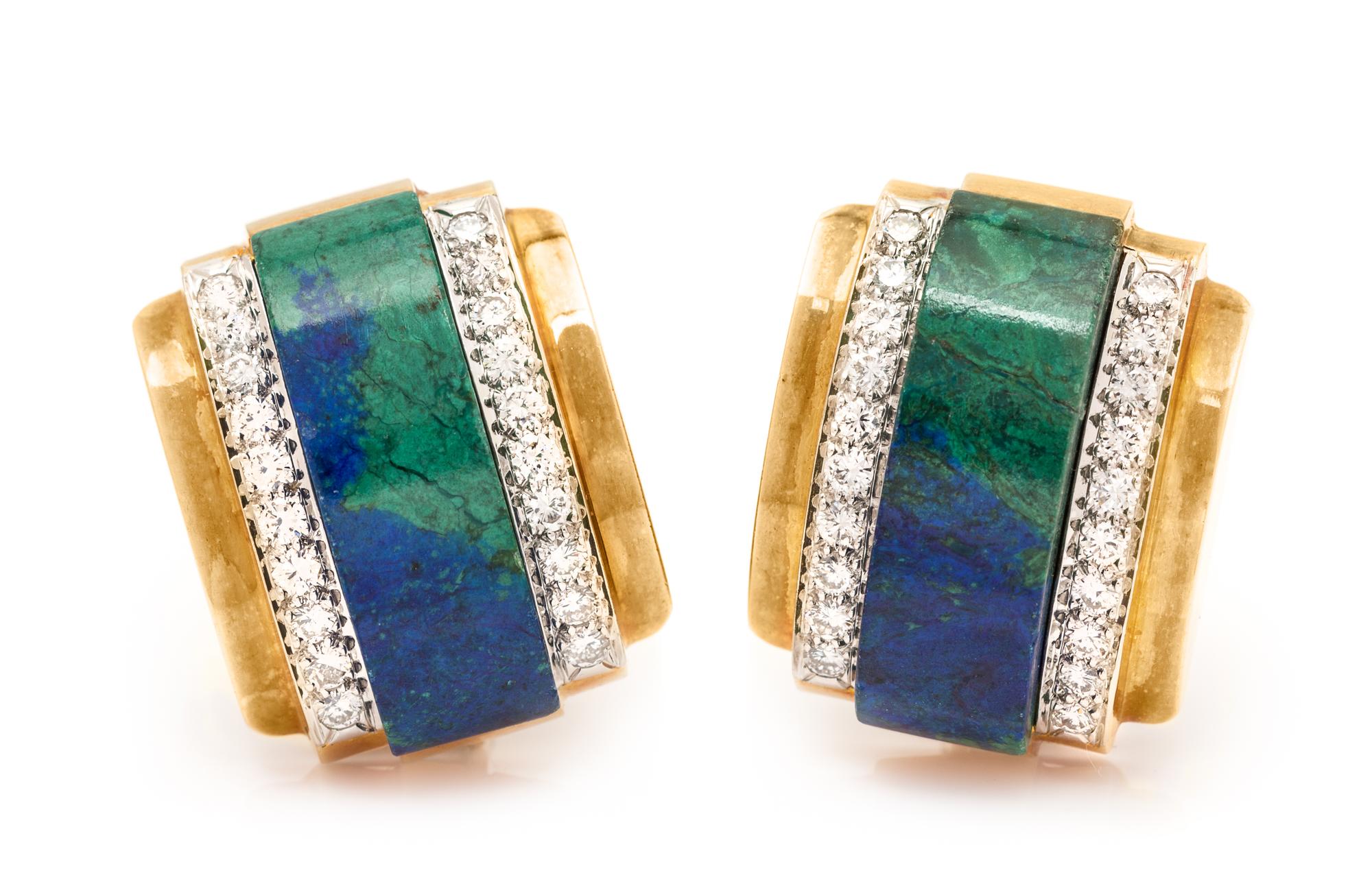 A Pair of 18 Karat Yellow Gold, Platinum, Azurmalachite and Diamond Earclips, David Webb, 21.30 dwts.