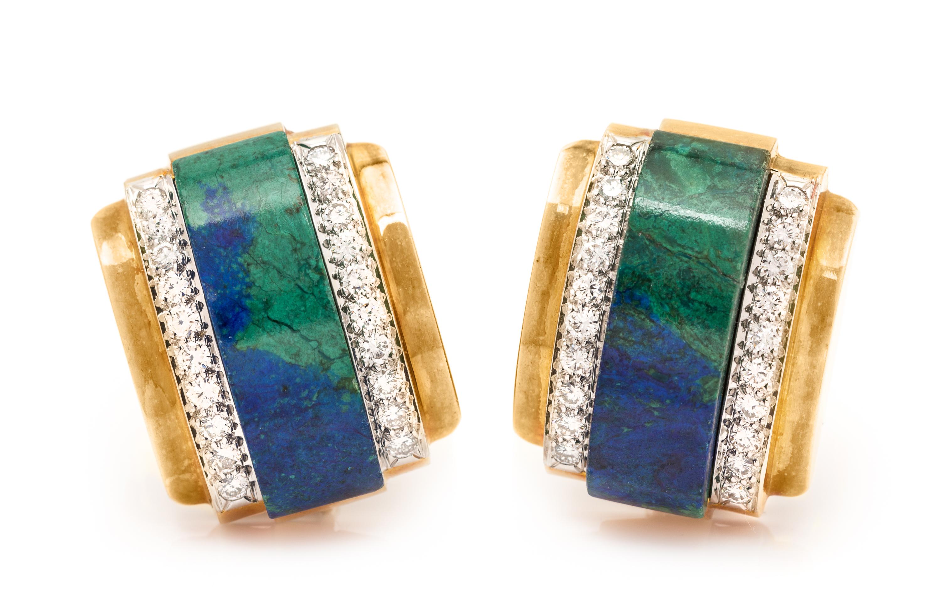 A Pair of 18 Karat Yellow Gold, Platinum, Azurmalachite and Diamond Earclips, David Webb, 21.30 dwts.