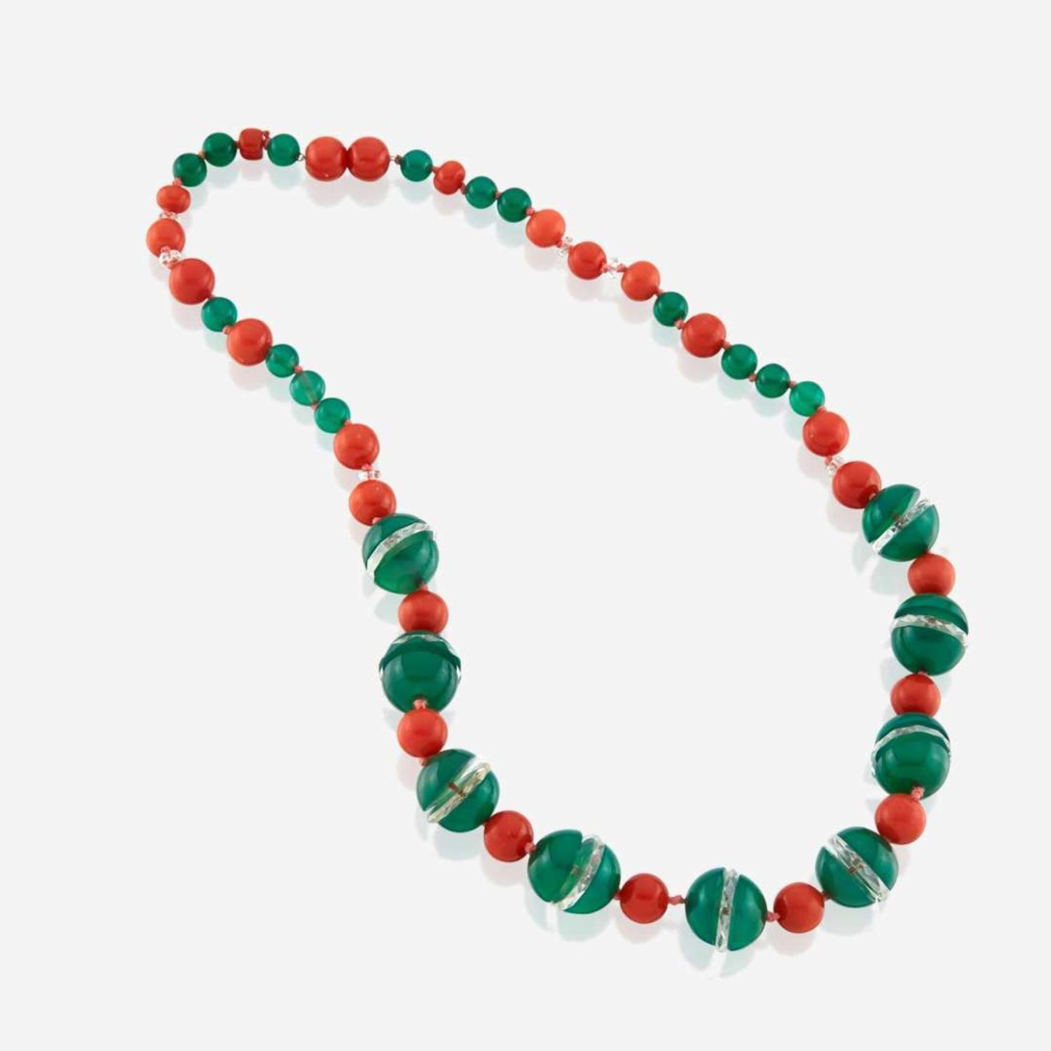 A dyed chalcedony, coral, and rock crystal necklace