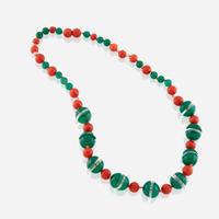 A dyed chalcedony, coral, and rock crystal necklace
