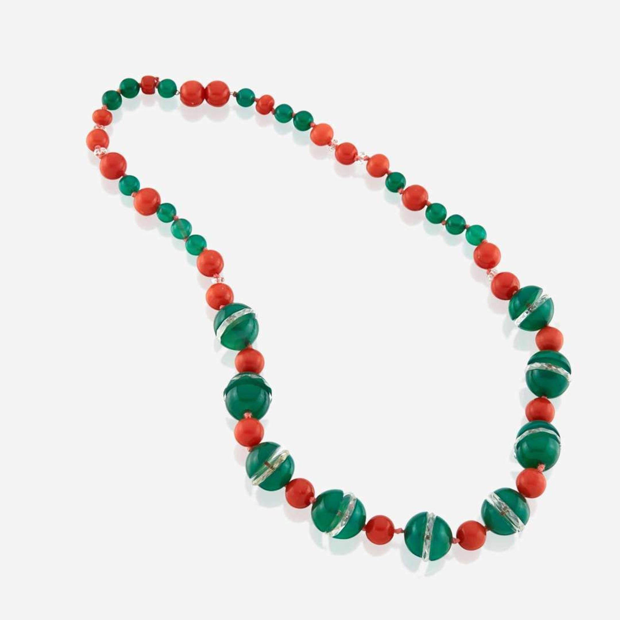 A dyed chalcedony, coral, and rock crystal necklace
