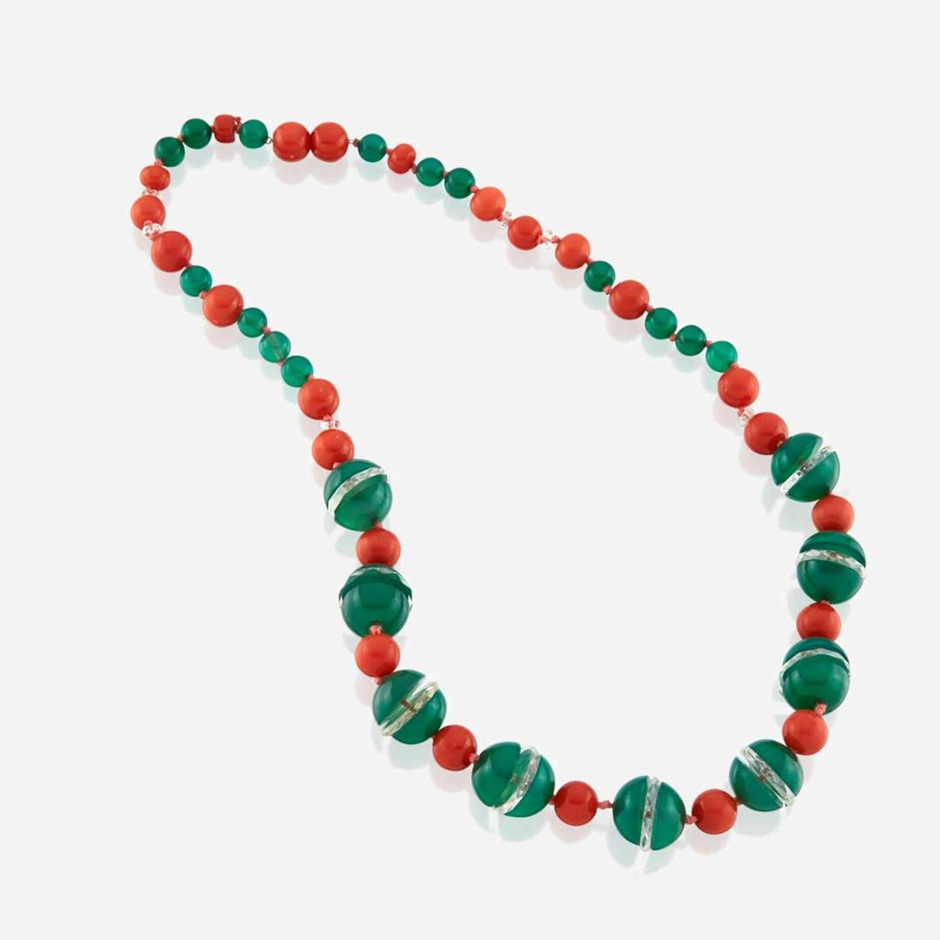 A dyed chalcedony, coral, and rock crystal necklace