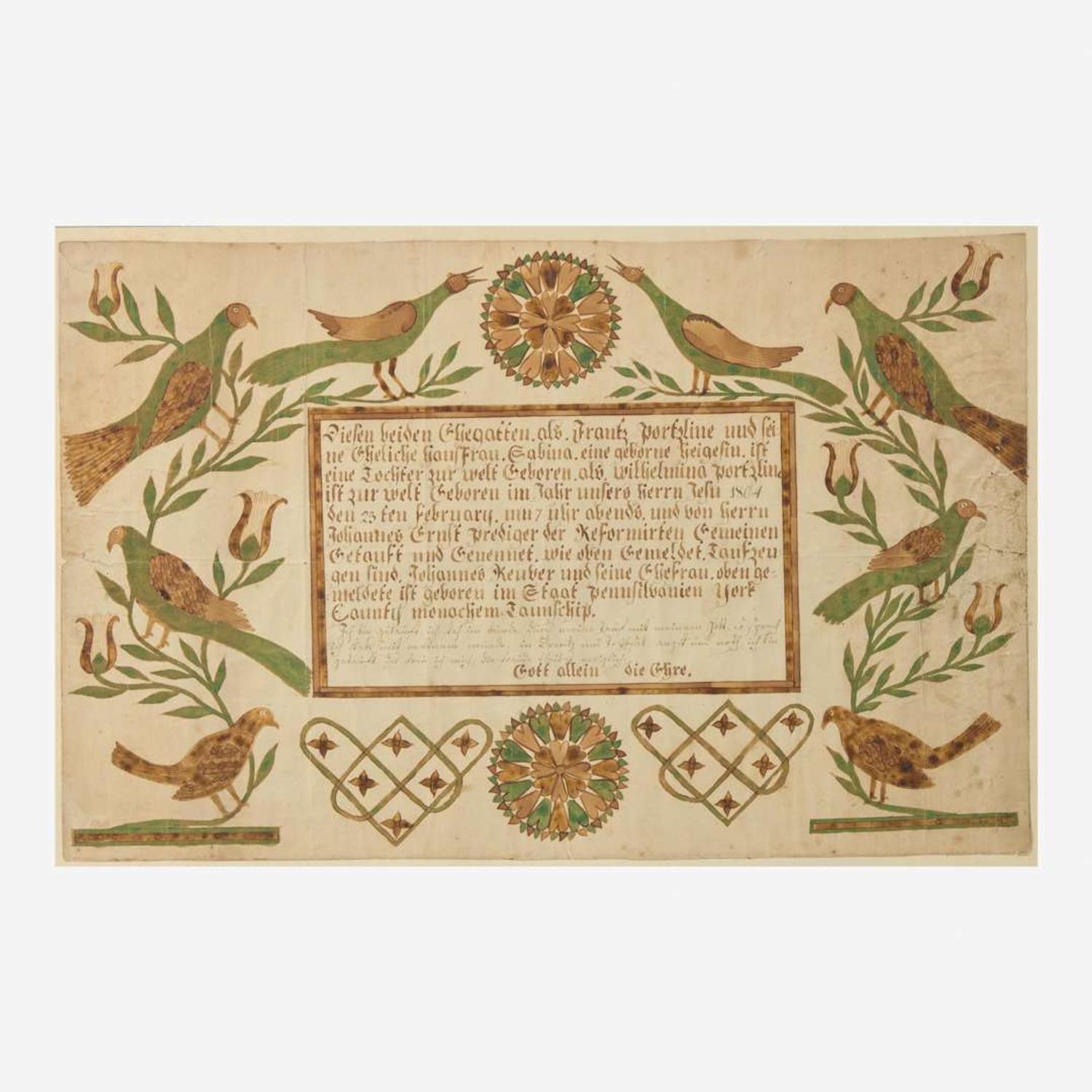 Frances Portzline (1771-1857), York County, PA A Fraktur birth and baptism record for Wilhelmina Portzline