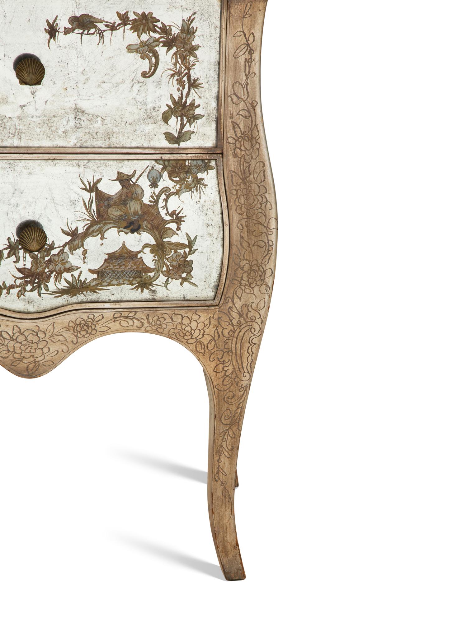 A Reverse Painted and Silver-Leafed Glass Veneered Commode