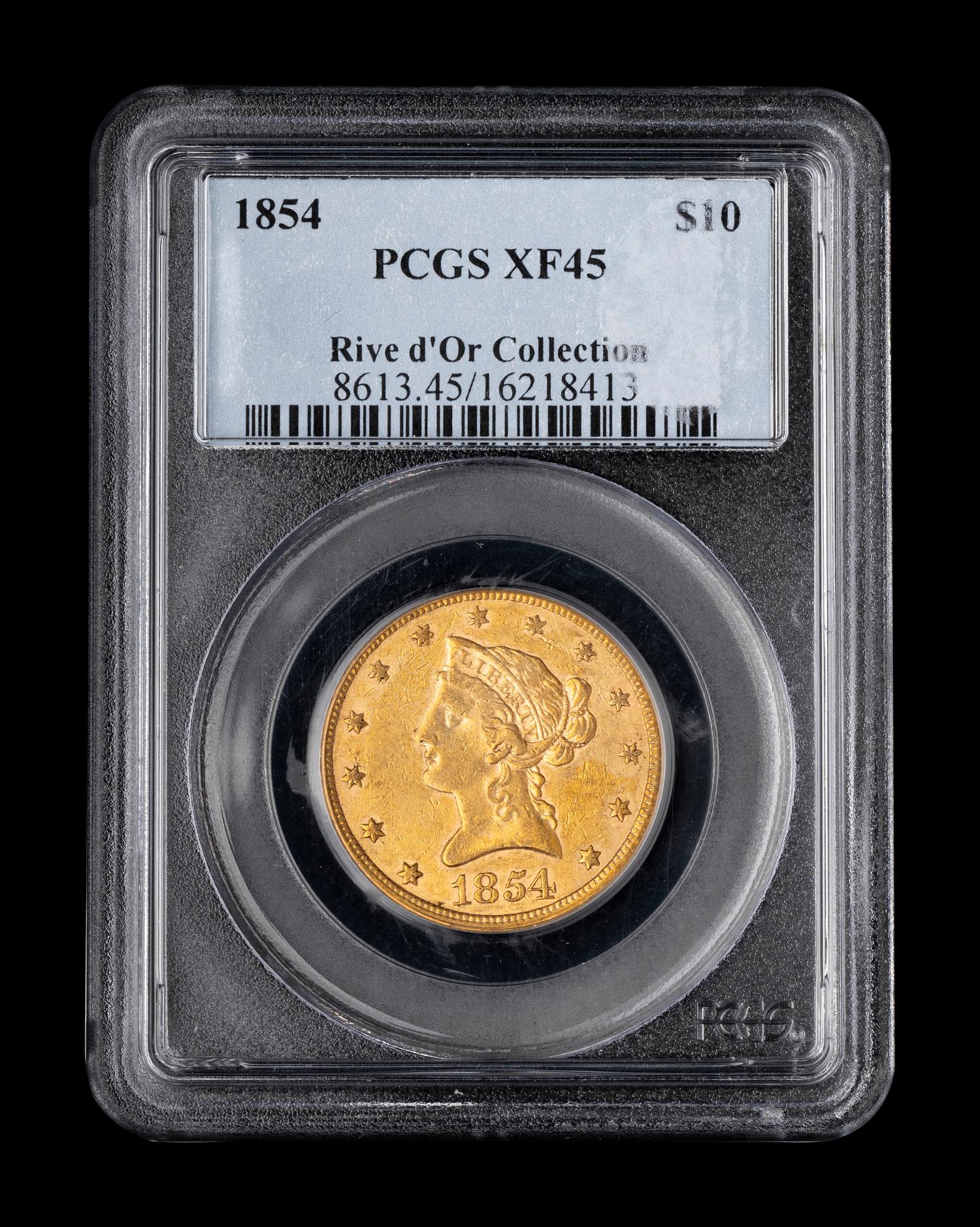 An 1854 Liberty Head $10 Gold Coin (PCGS XF45)