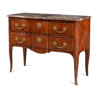 A Régence Style Gilt Bronze Mounted Tulipwood Parquetry Marble-Top Commode