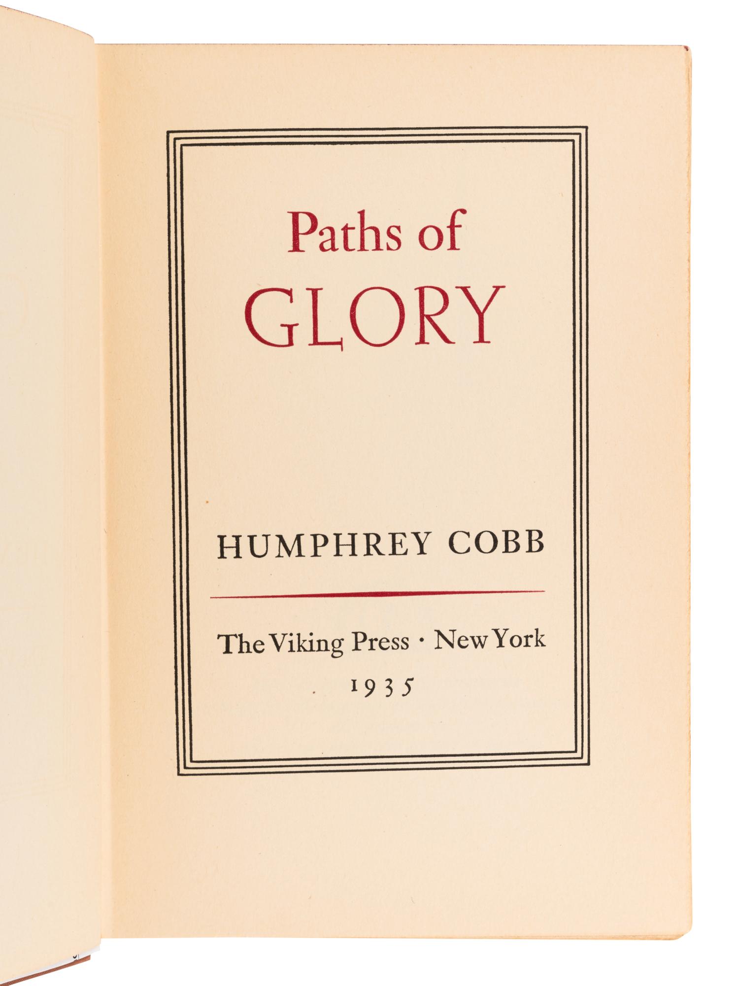 COBB, Humphrey (1899-1944). Paths of Glory . New York: The Viking Press, 1935.