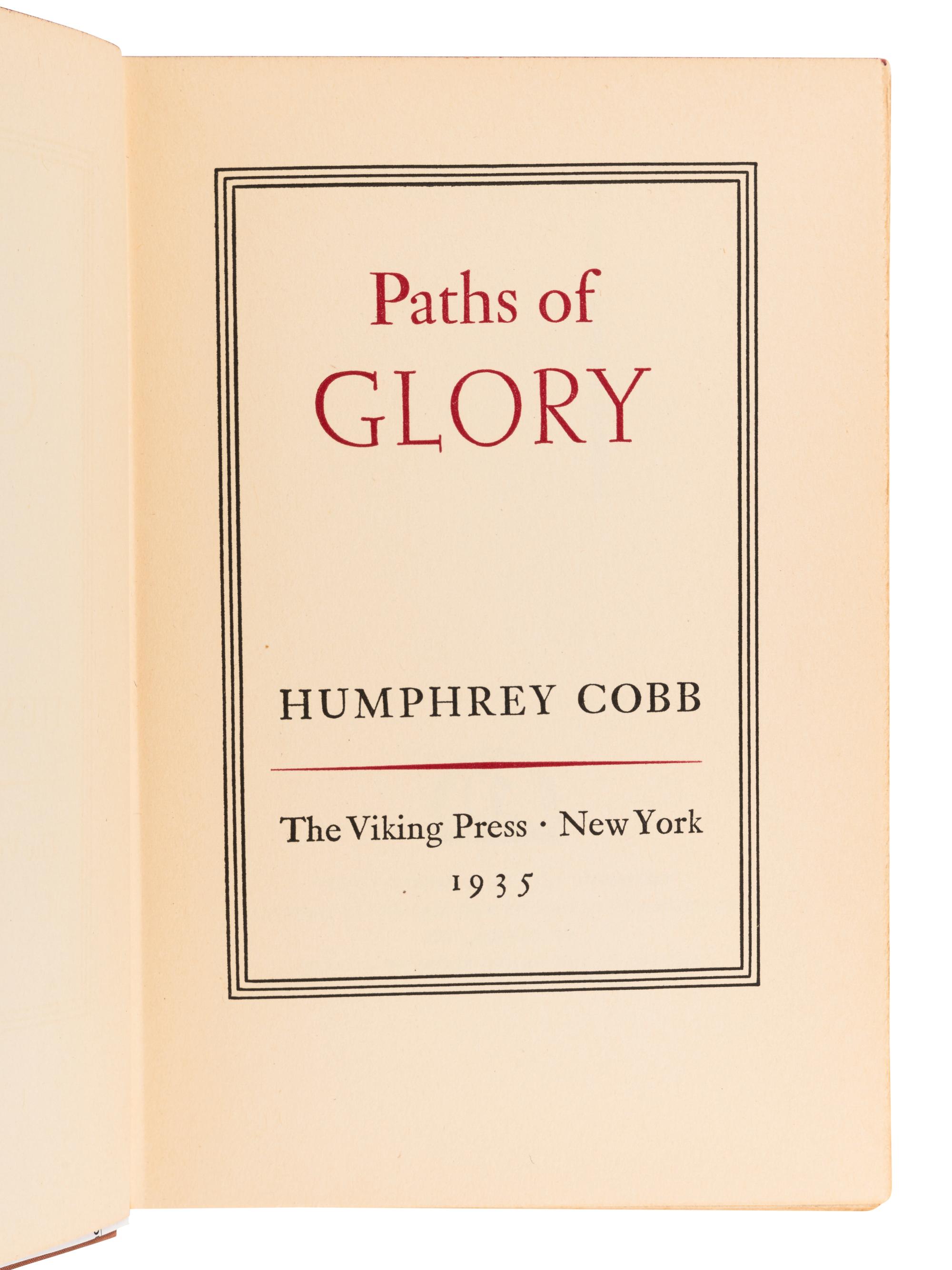 COBB, Humphrey (1899-1944). Paths of Glory . New York: The Viking Press, 1935.