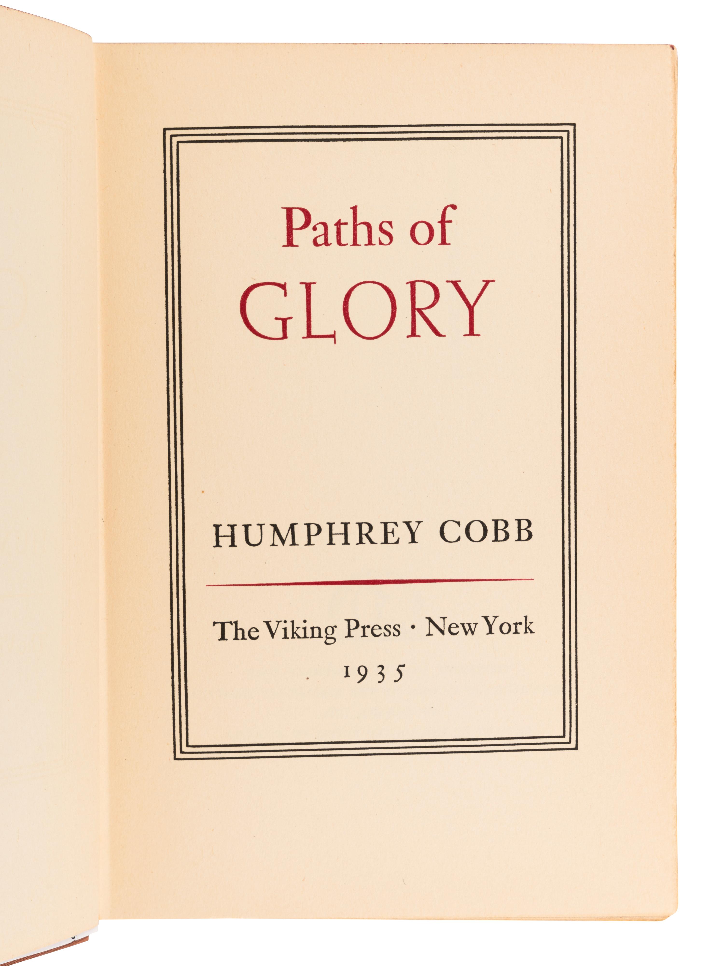COBB, Humphrey (1899-1944). Paths of Glory . New York: The Viking Press, 1935.