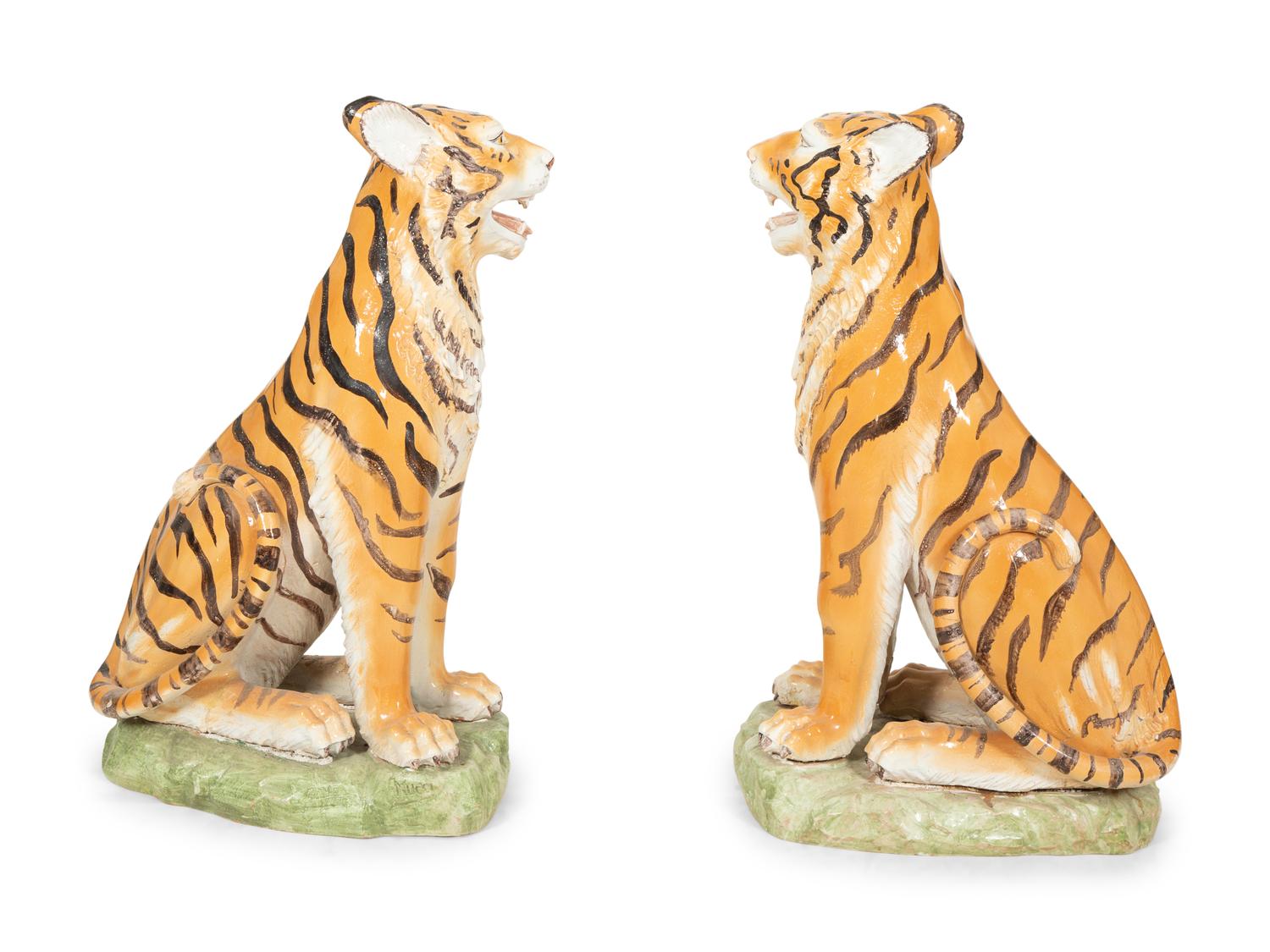 A Pair of Italian Glazed Ceramic Seated Tigers