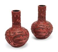 A Pair of Chinese Export Carved Red Lacquer Vases