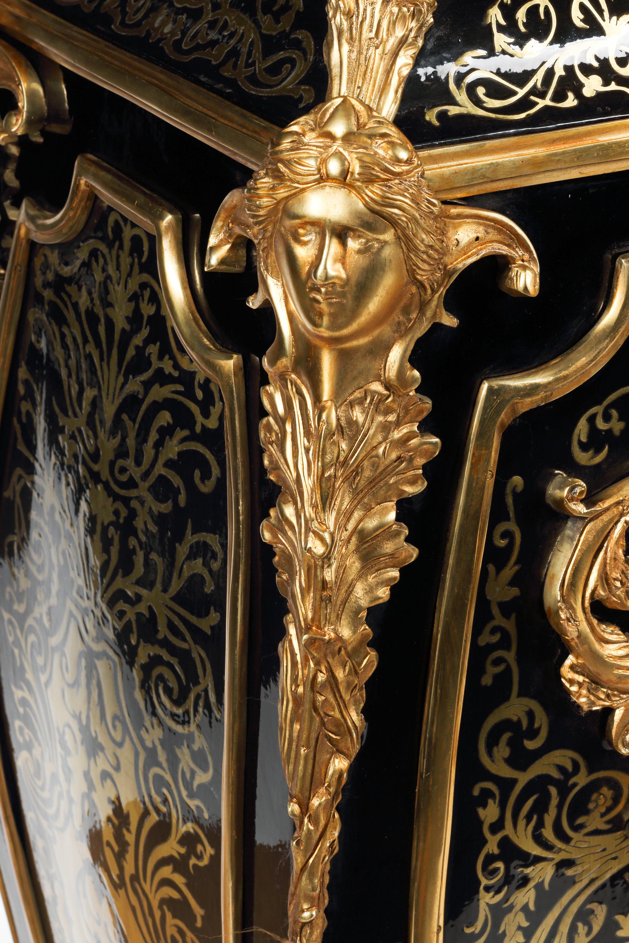A Pair of Louis XV Style Gilt Bronze Mounted Boulle Marquetry Marble-Top Pedestals