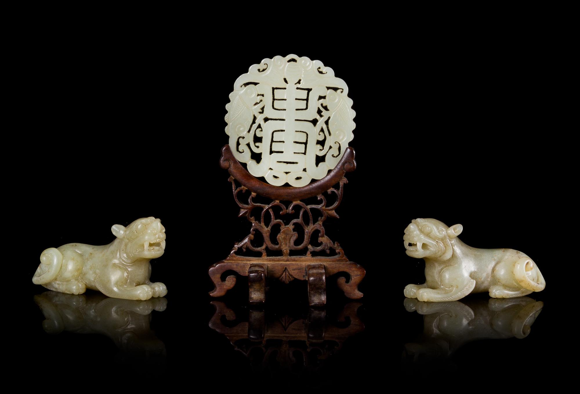 Three Celadon Jade Articles Length of larger 2 1/2 inches.