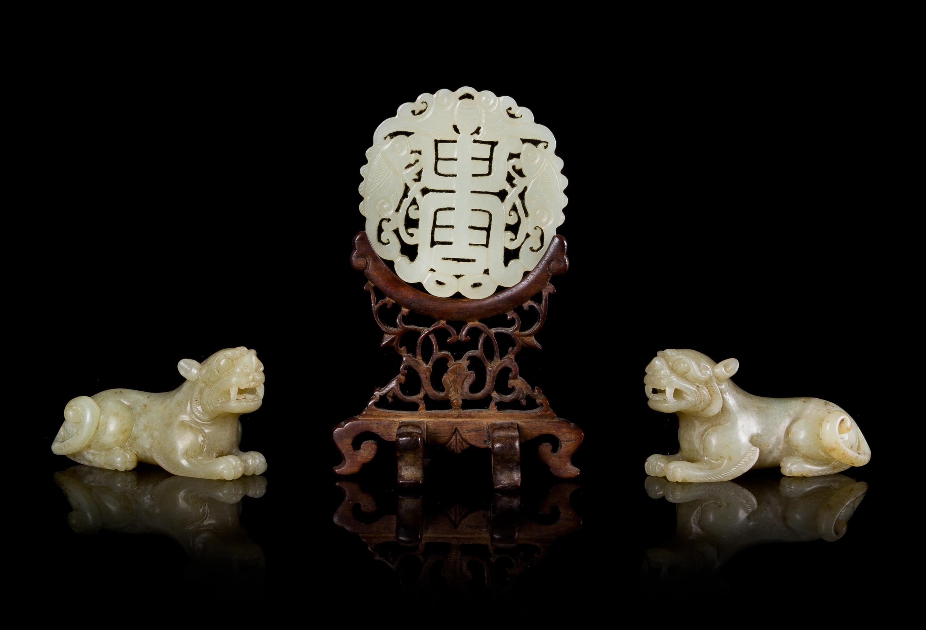 Three Celadon Jade Articles Length of larger 2 1/2 inches.