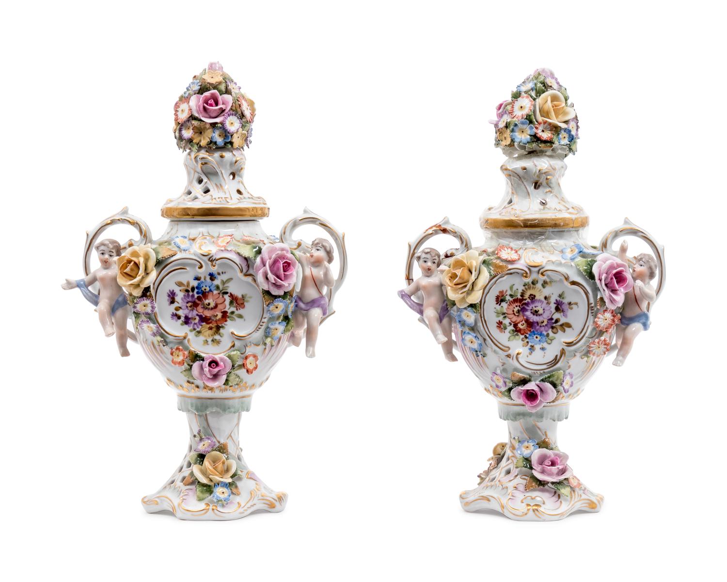 A Pair of Von Schierholz Dresden Porcelain Covered Potpourri Urns — 19TH CENTURY