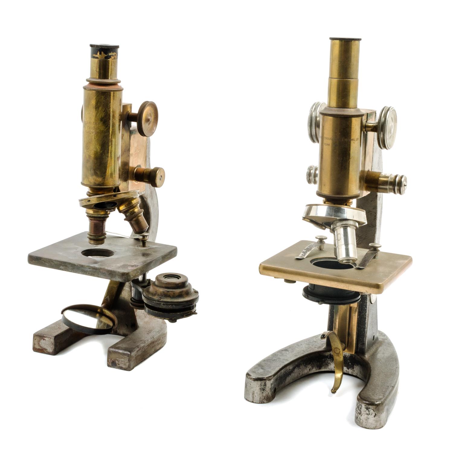 Two English Brass and Nickel-Plated Microscopes Height of taller 12 1/2 inches. — COOKE, TROUGHTON & SIMMS, YORK AND HAWKSLEY & SONS LTD., LONDON, EARLY 20TH CENTURY