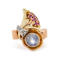 RETRO, TRICOLOR GOLD, STAR SAPPHIRE, RUBY AND DIAMOND RING