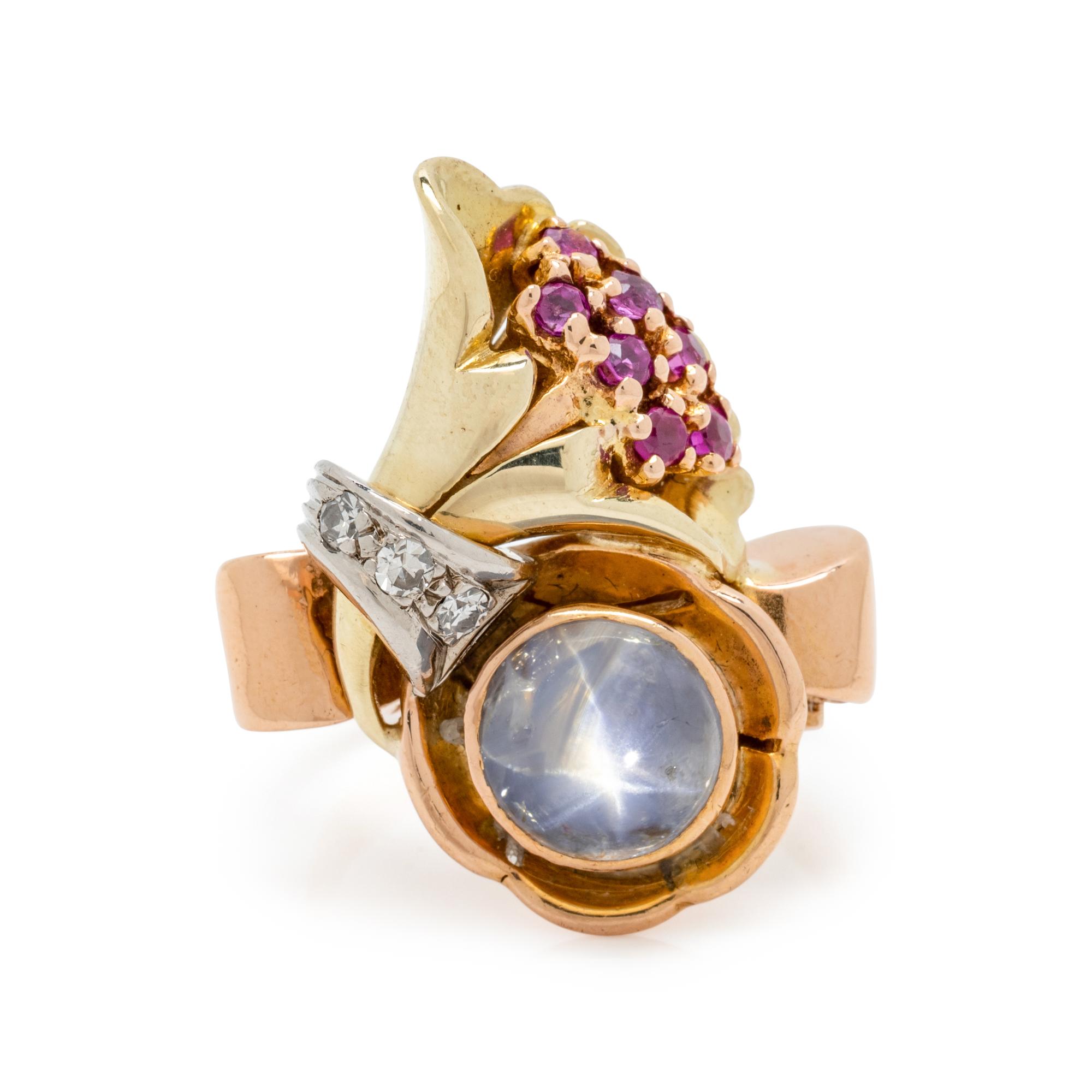 RETRO, TRICOLOR GOLD, STAR SAPPHIRE, RUBY AND DIAMOND RING