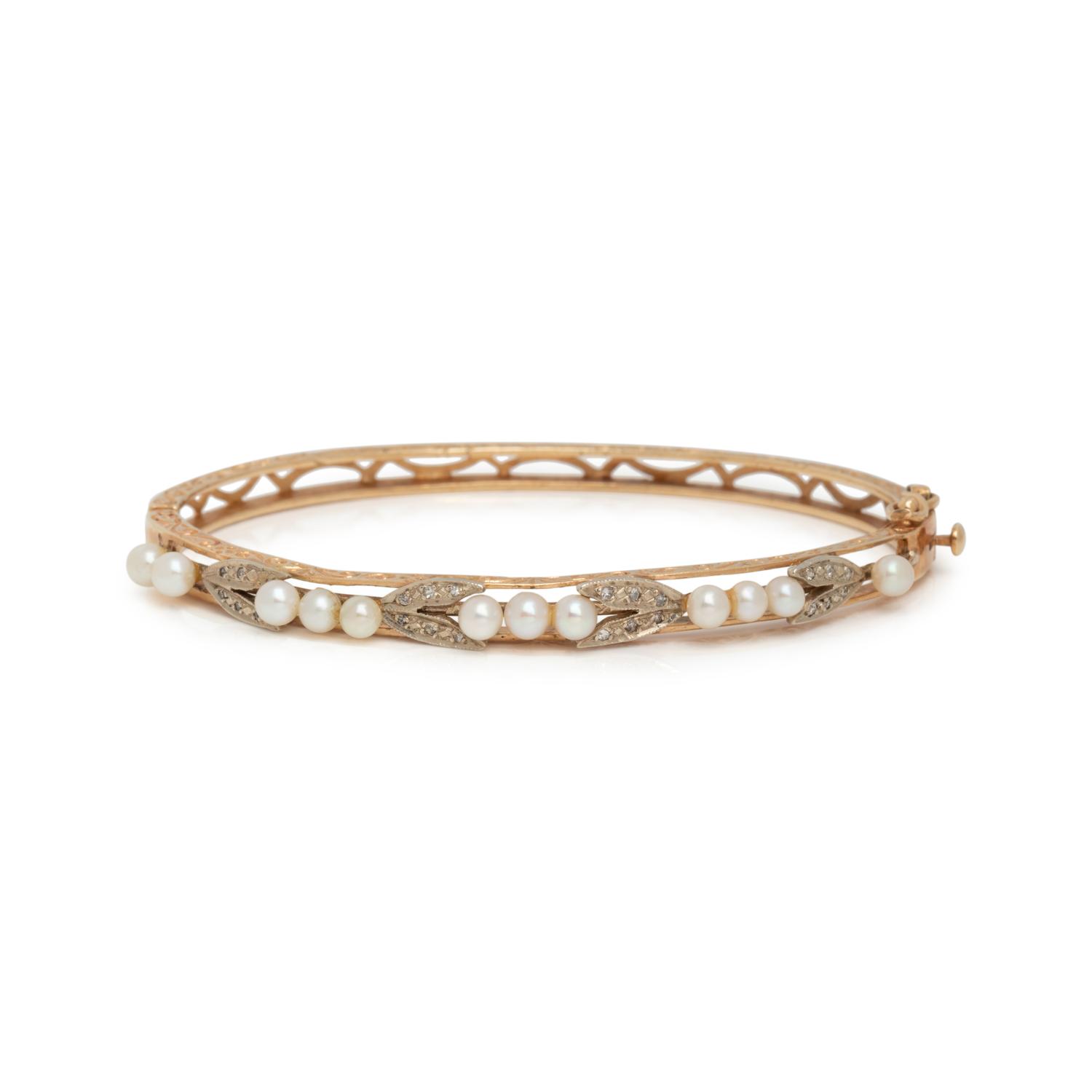 BICOLOR GOLD, CULTURED PEARL AND DIAMOND BANGLE BRACELET