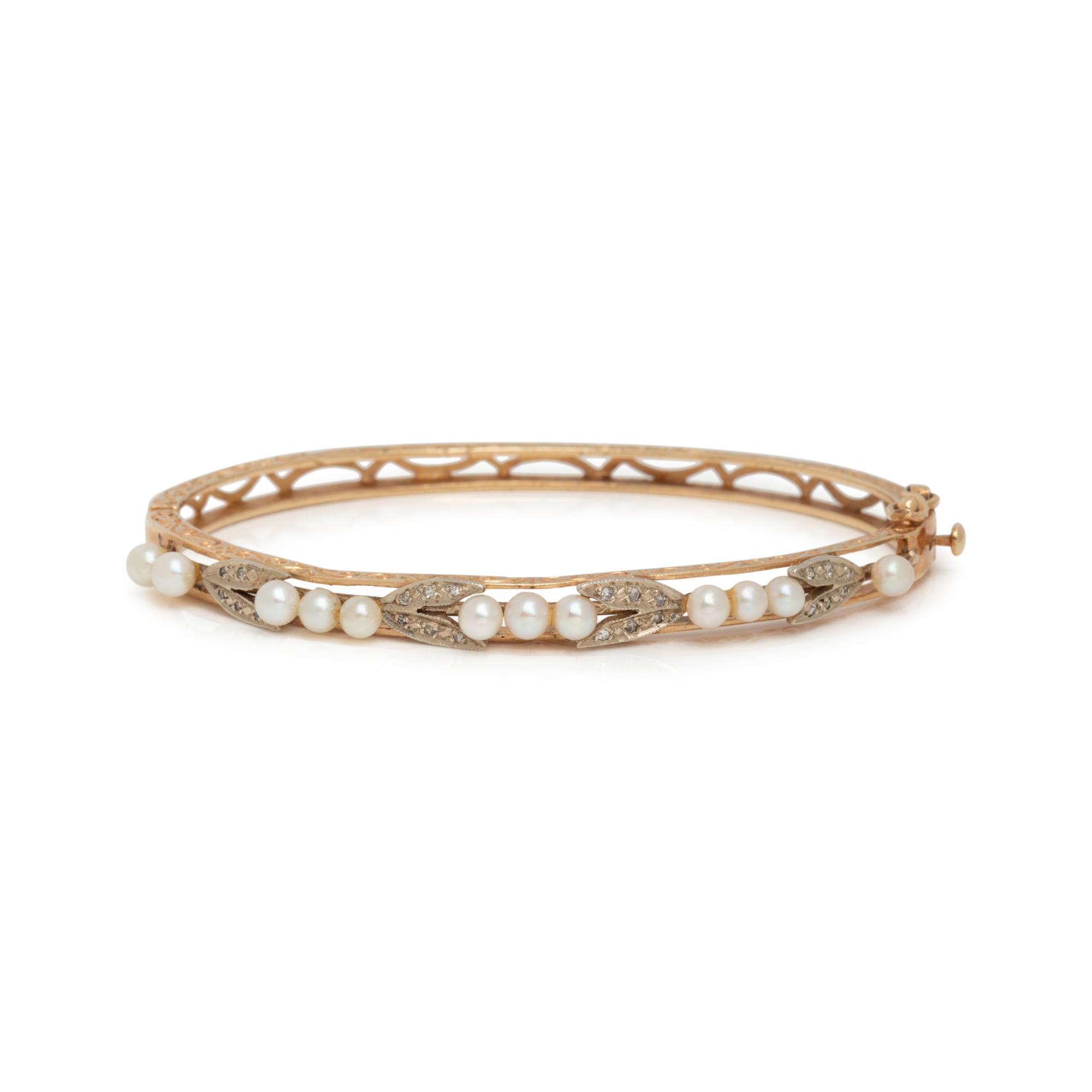 BICOLOR GOLD, CULTURED PEARL AND DIAMOND BANGLE BRACELET