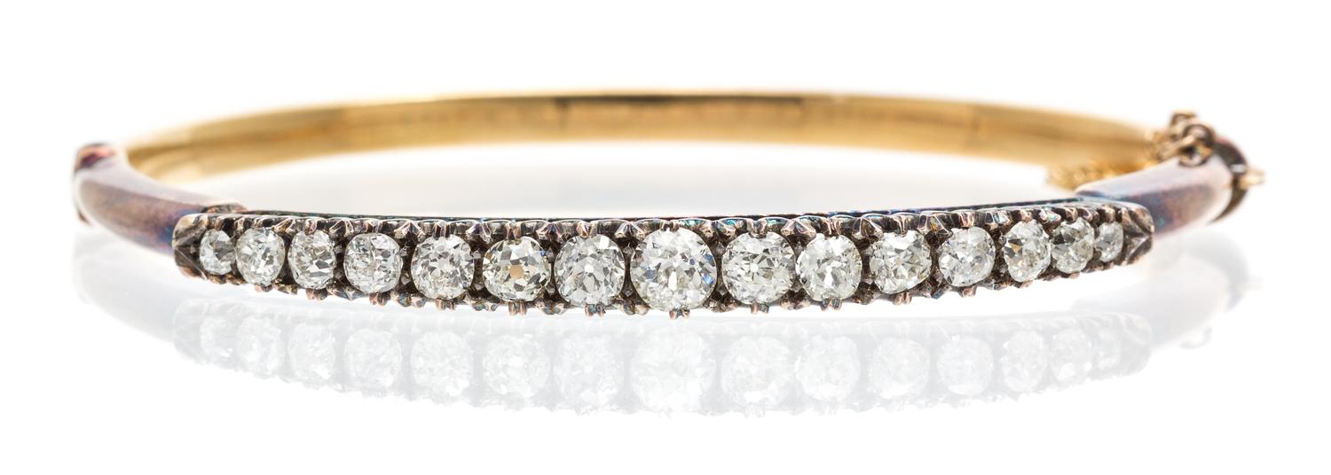 A Yellow Gold and Diamond Bangle Bracelet, Circa 1890, 7.10 dwts.