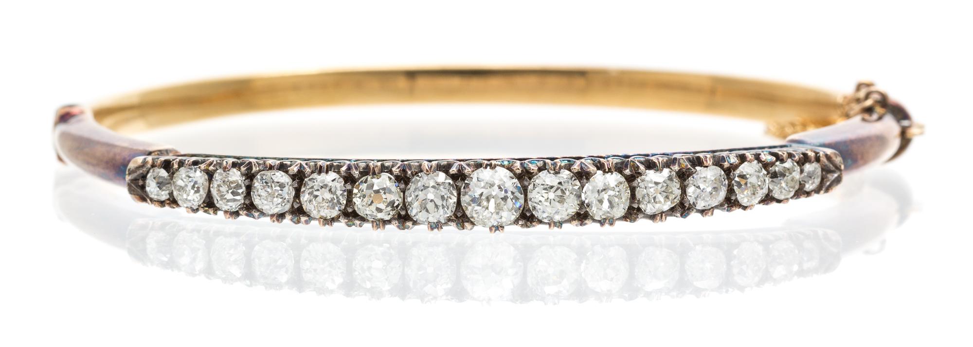 A Yellow Gold and Diamond Bangle Bracelet, Circa 1890, 7.10 dwts.