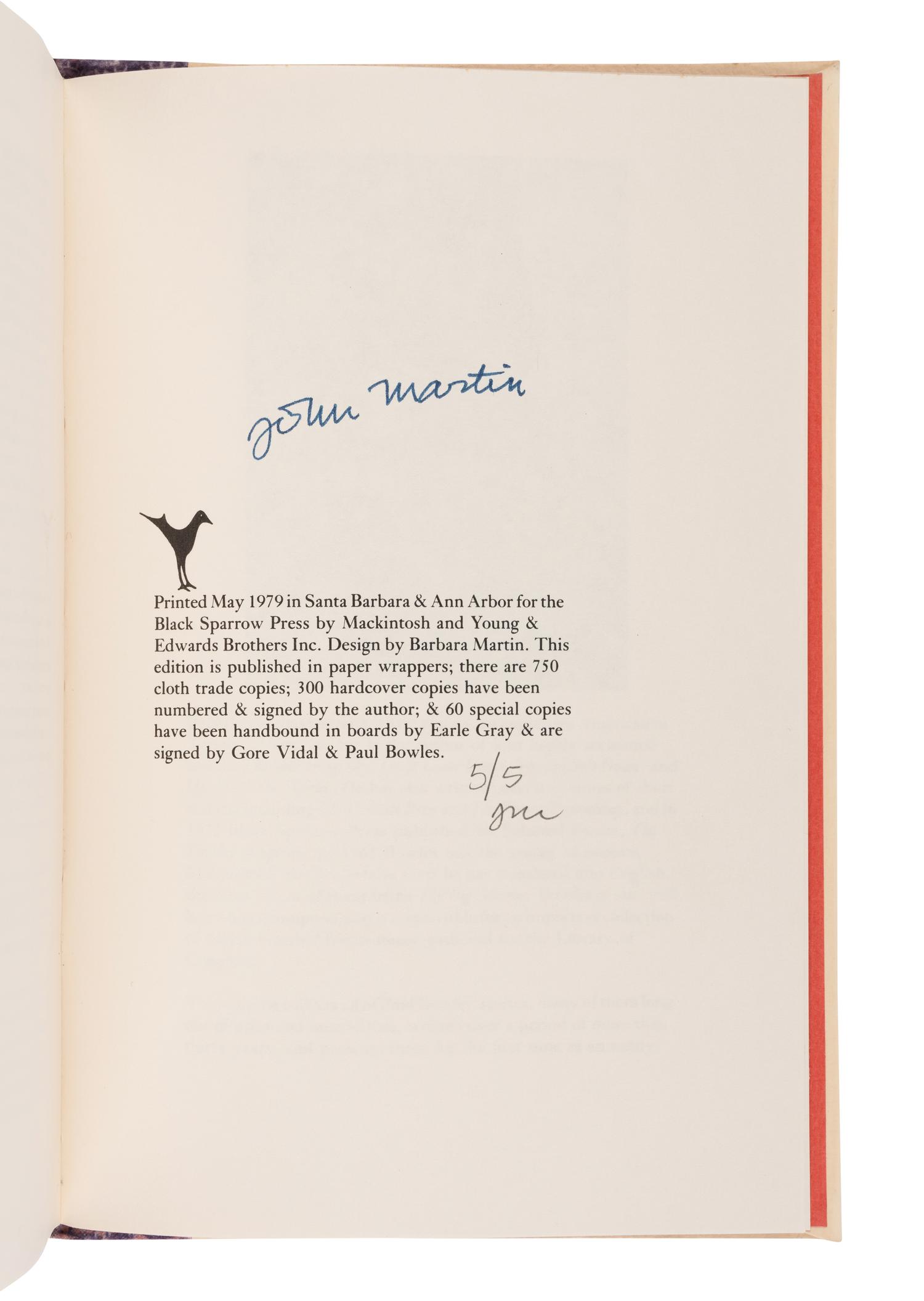 [FINE PRESS -- BLACK SPARROW PRESS]. BOWLES, Paul (1910-1999). Collected Stories 1939-1976 . Santa Barbara: Black Sparrow Press, 1979.