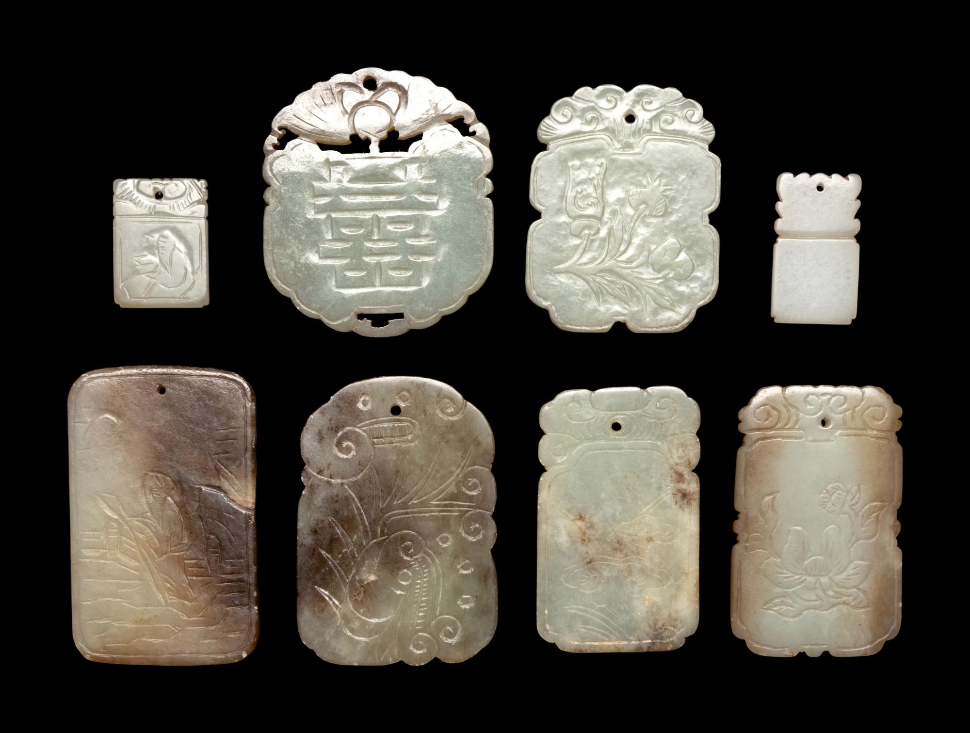 Eight Chinese Celadon Jade Carved Plaques
