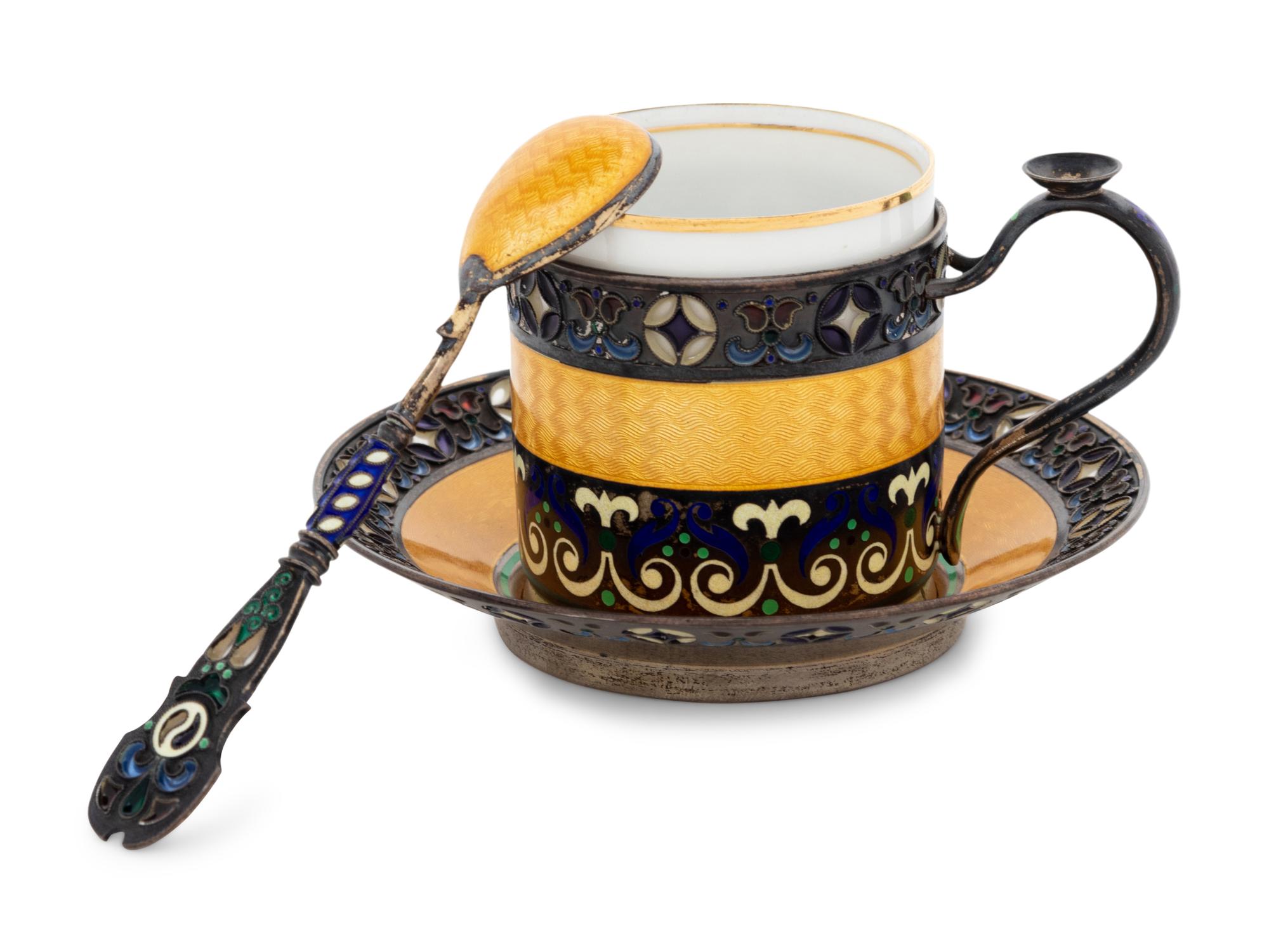 A Russian Enameled Silver Coffee Cup and Saucer