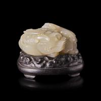 A Chinese Carved Greyish-White Jade Mythical Beasts Group 灰白玉太獅少獅