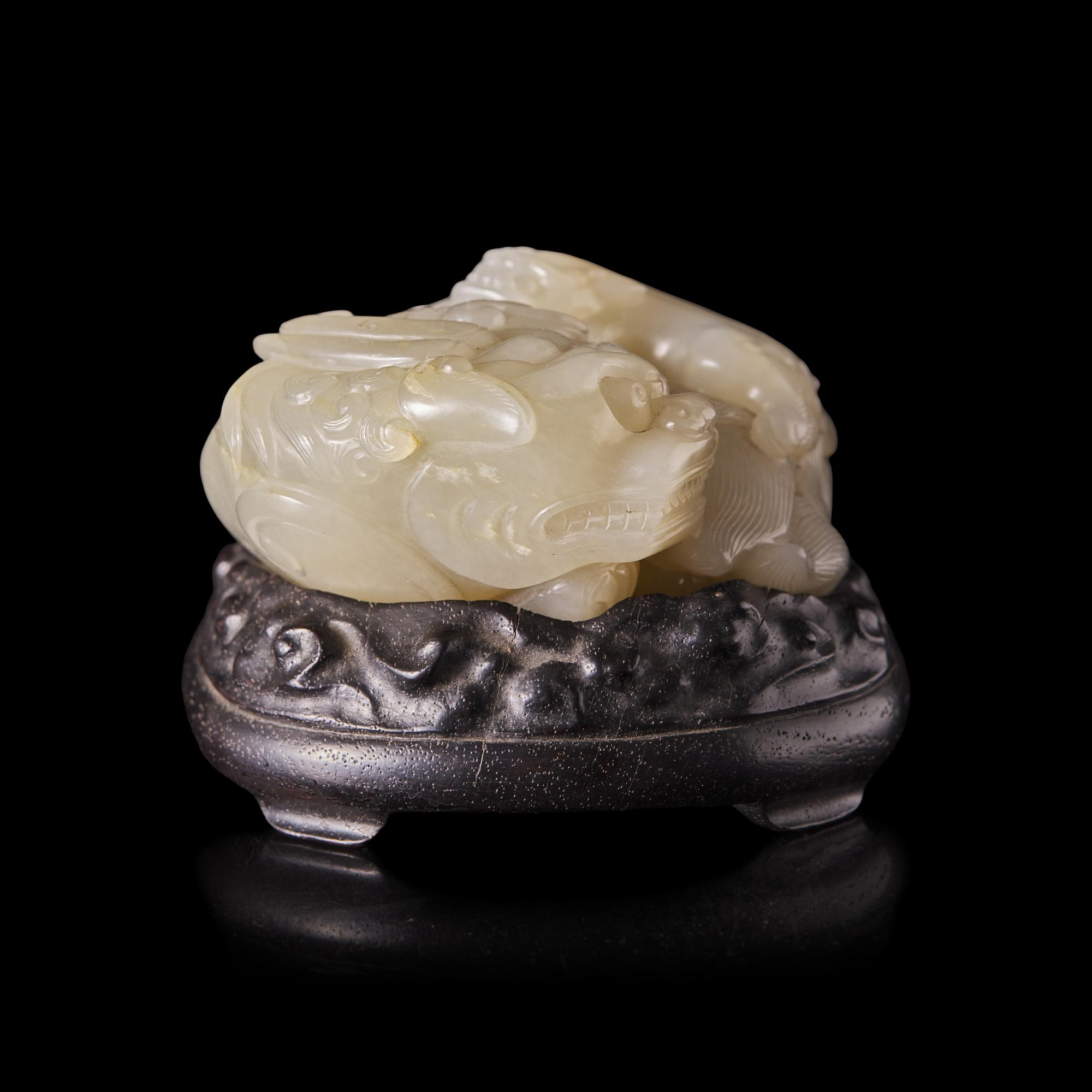 A Chinese Carved Greyish-White Jade Mythical Beasts Group 灰白玉太獅少獅