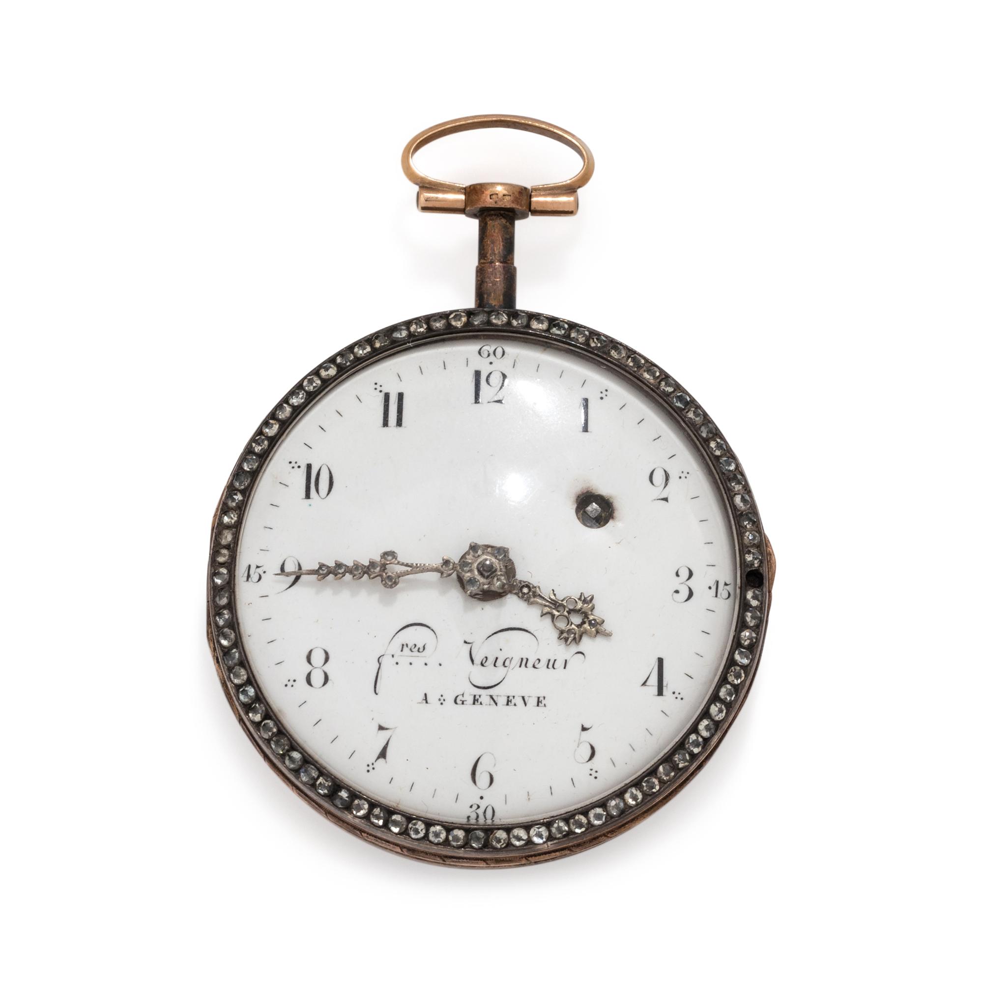 FRÉRES VEIGNEUR, PASTE AND ENAMEL OPEN FACE POCKET WATCH