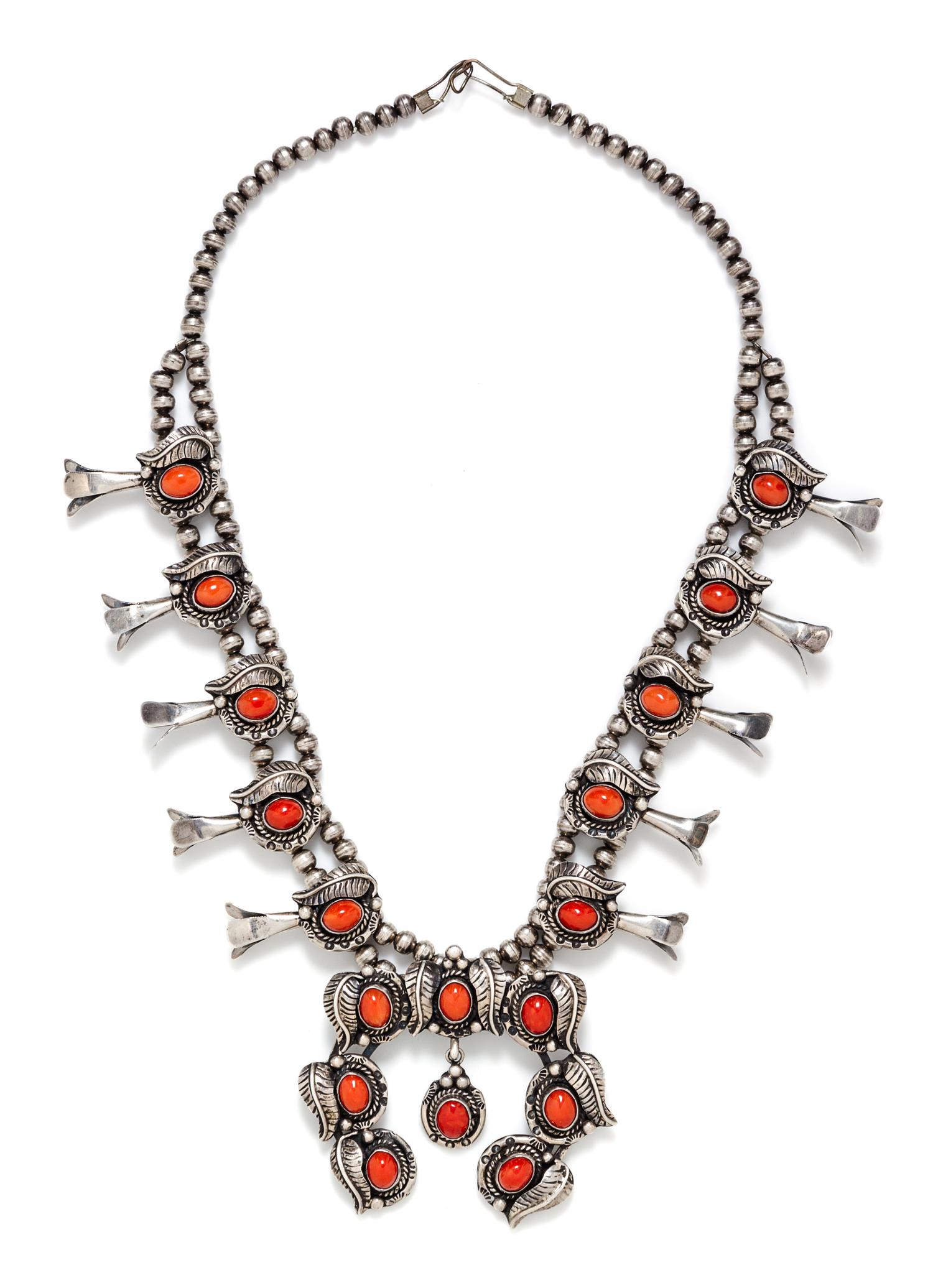 A Silver and Coral Squash Blossom Necklace, James Valencia, San Felipe Pueblo, 120.20 dwts.