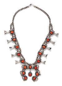 A Silver and Coral Squash Blossom Necklace, James Valencia, San Felipe Pueblo, 120.20 dwts.