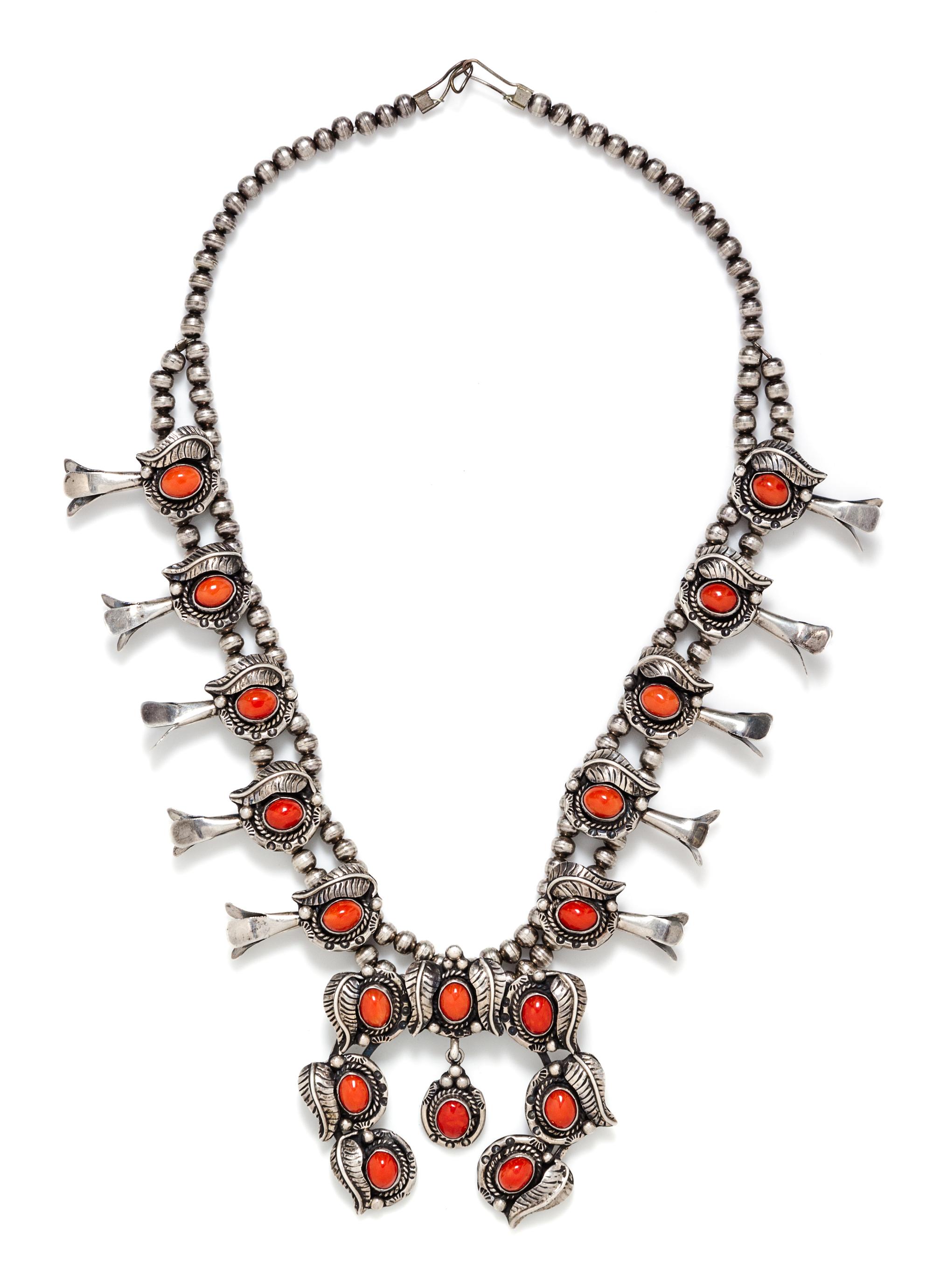 A Silver and Coral Squash Blossom Necklace, James Valencia, San Felipe Pueblo, 120.20 dwts.