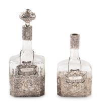 Two Silver Mounted Etched Glass Decanters