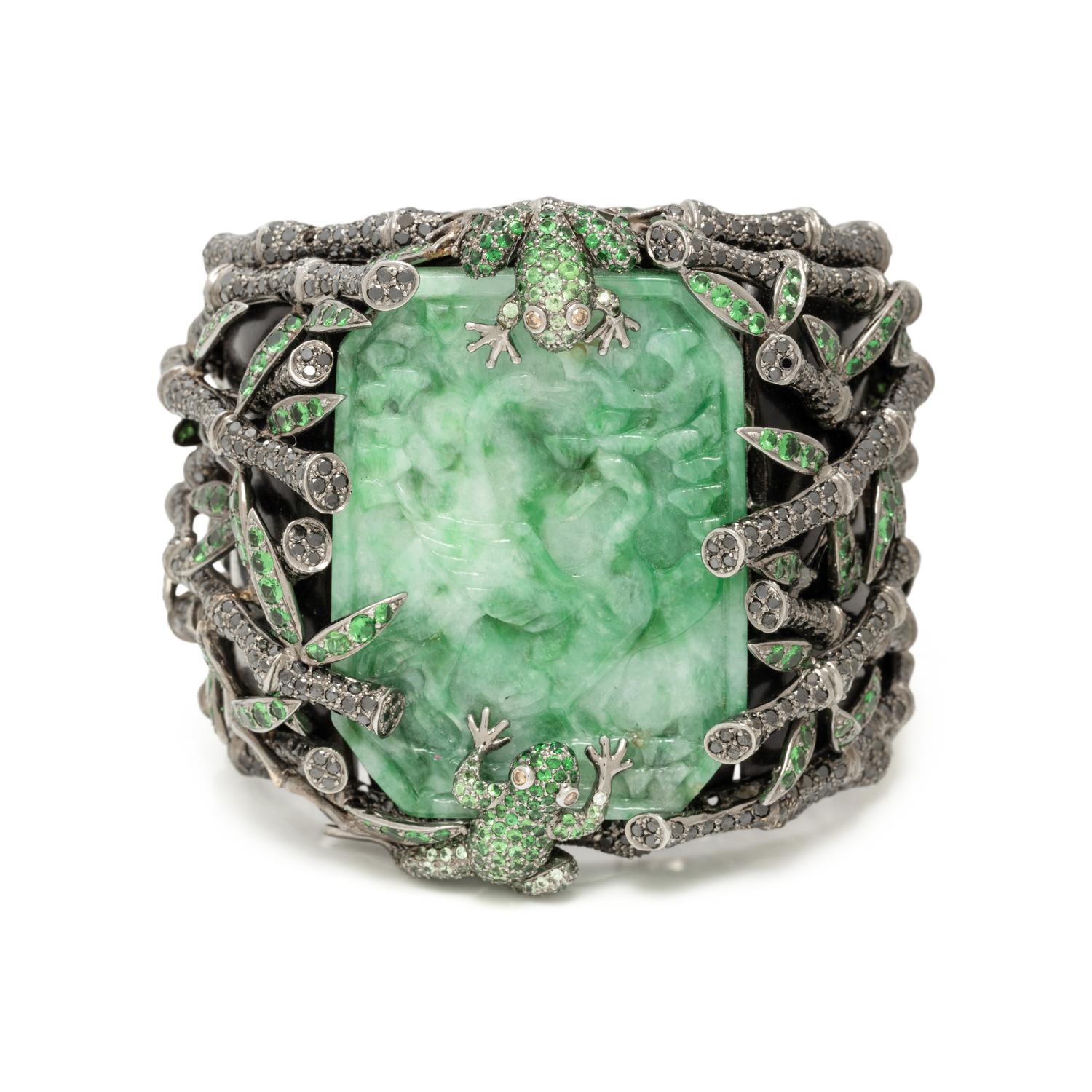 JADE, MULTIGEM, AND BLACKENED GOLD CUFF BRACELET