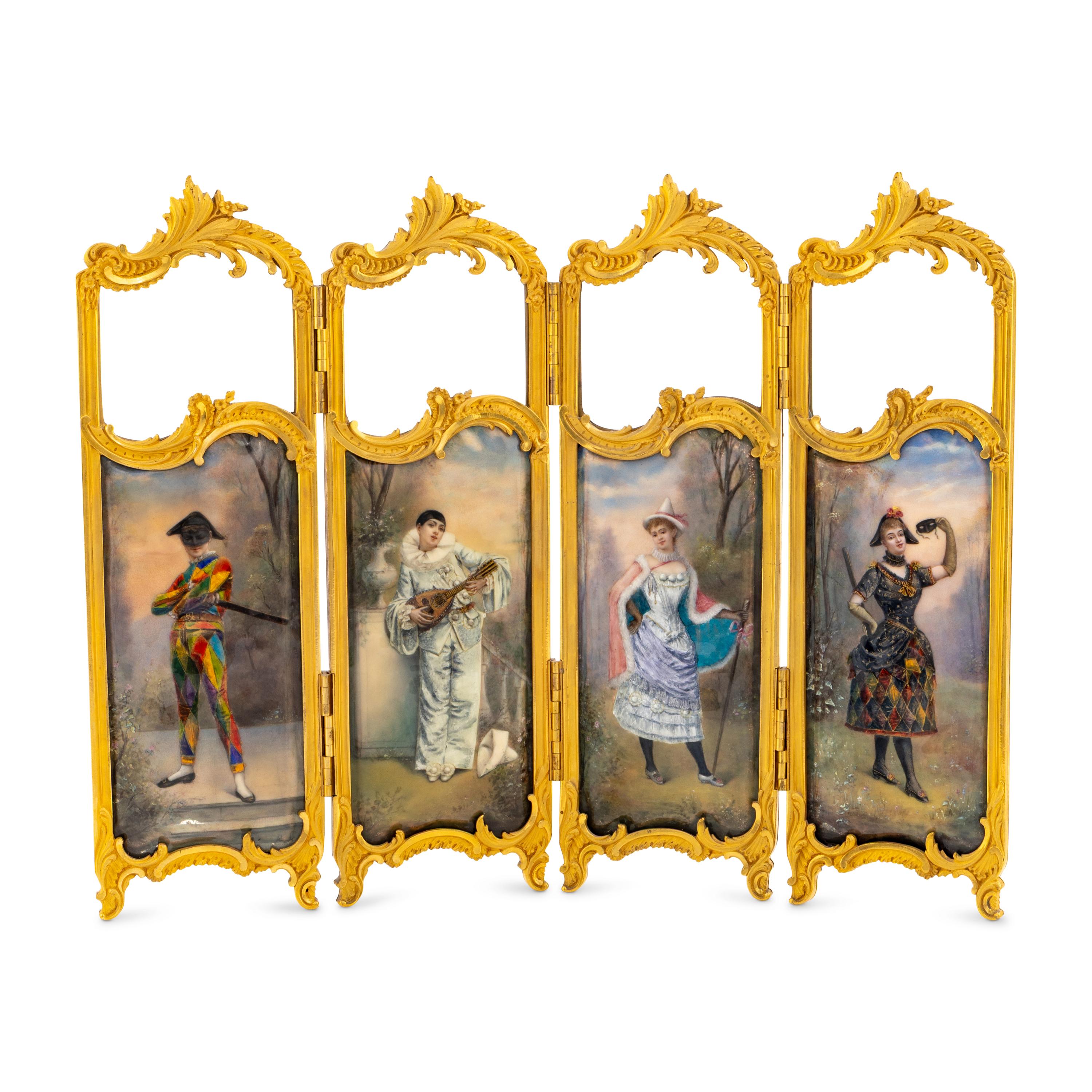A French Gilt Bronze, Enameled Copper and Glass Table Screen