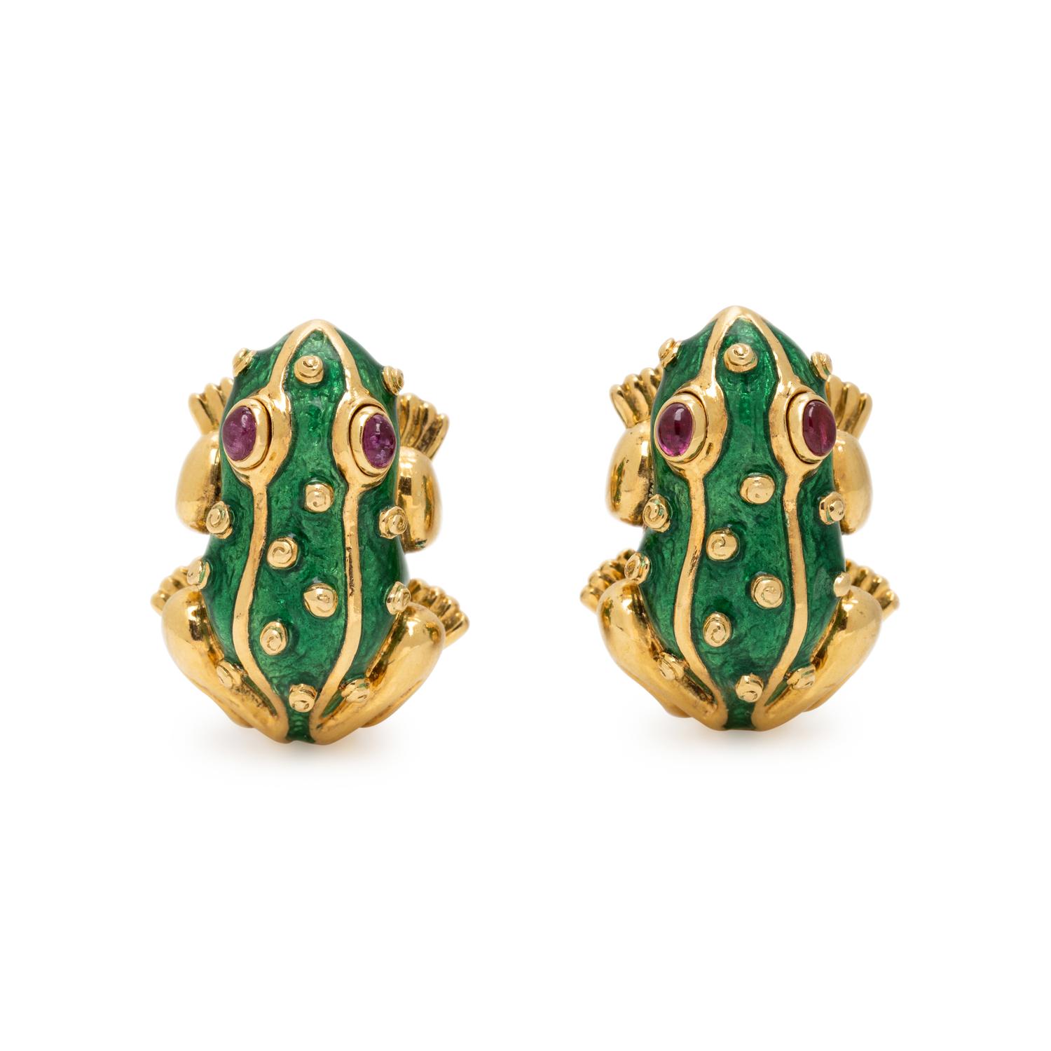 DAVID WEBB, RUBY, ENAMEL, AND YELLOW GOLD FROG EARRINGS
