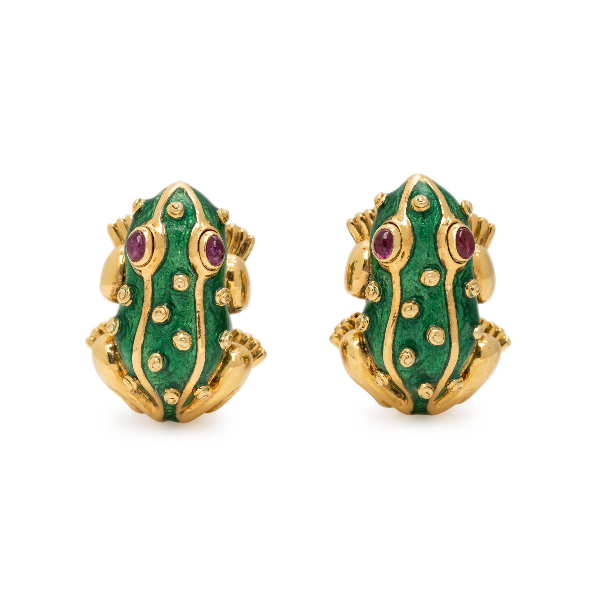 DAVID WEBB, RUBY, ENAMEL, AND YELLOW GOLD FROG EARRINGS