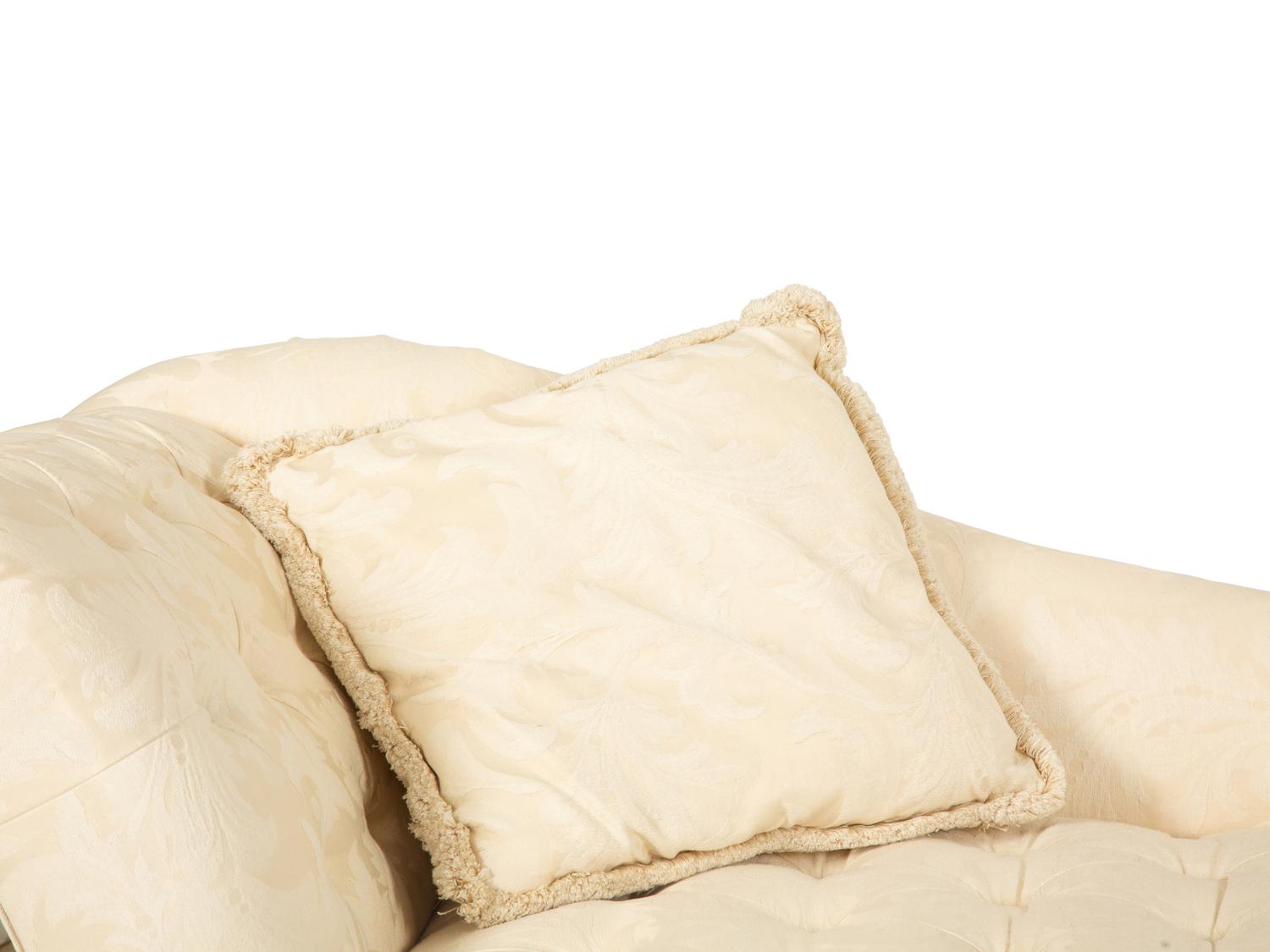 An Empire Style Button Tufted Ivory Cotton Damask Chaise Longue — 20th Century