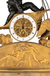 A Large Empire Ormolu and Green Patinated Bronze Figural Clock