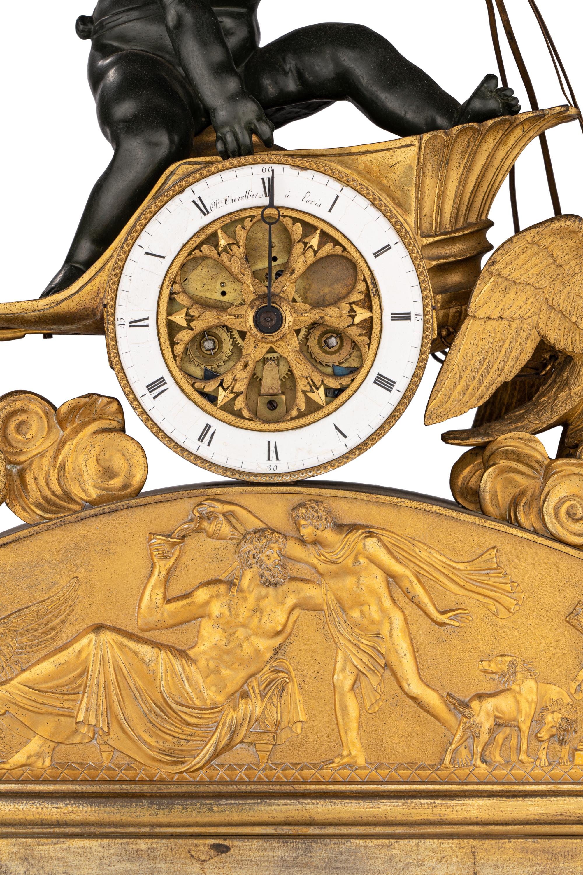 A Large Empire Ormolu and Green Patinated Bronze Figural Clock
