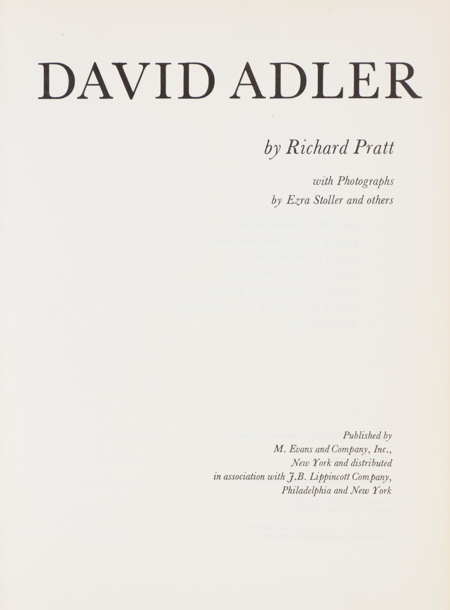 PRATT, RICHARD. David Adler. The Architect and His Work. New York, (1970). First and only edition.