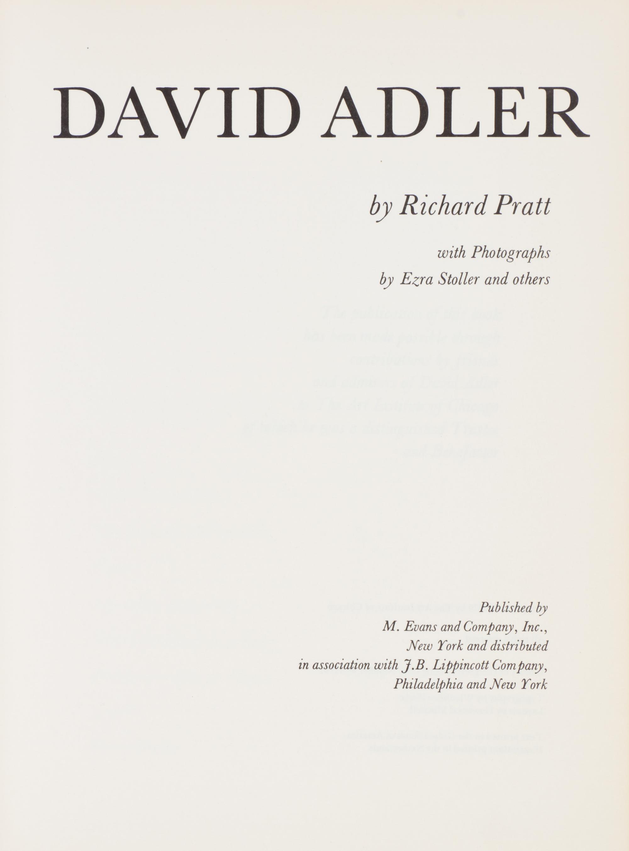 PRATT, RICHARD. David Adler. The Architect and His Work. New York, (1970). First and only edition.