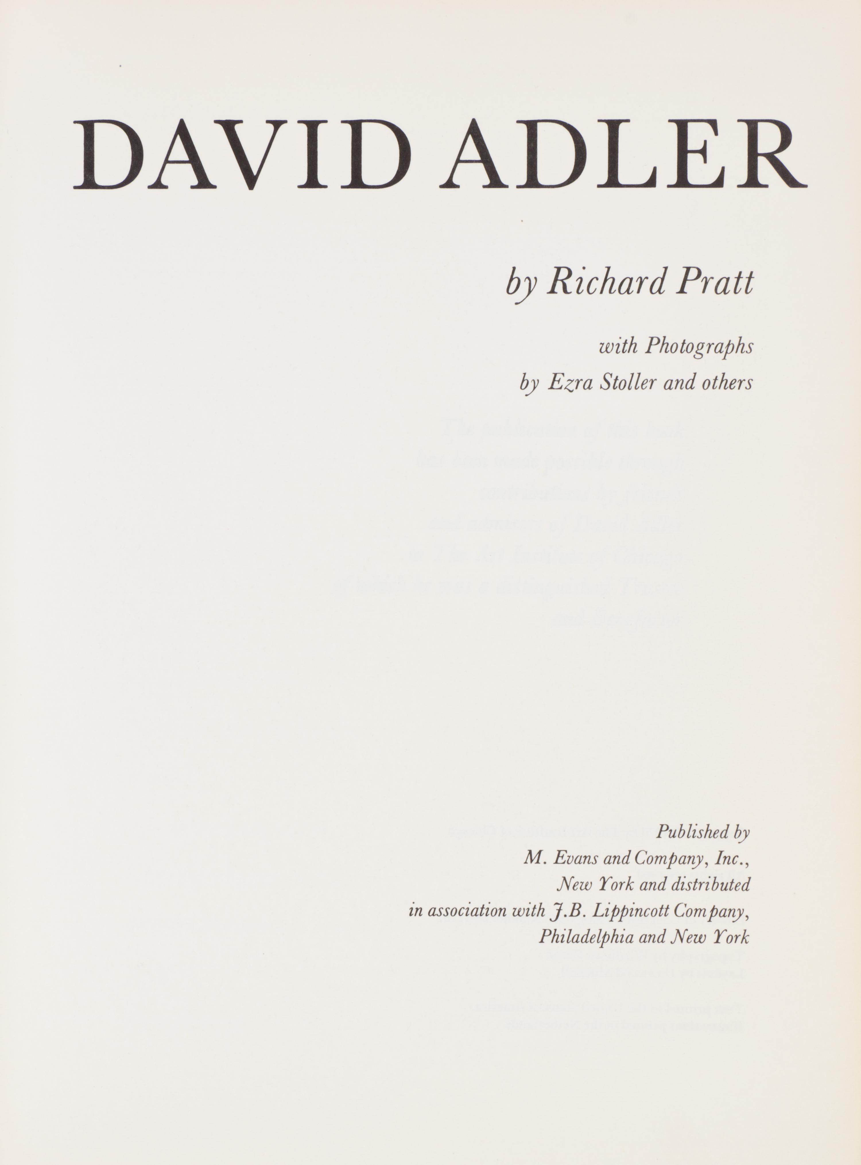 PRATT, RICHARD. David Adler. The Architect and His Work. New York, (1970). First and only edition.