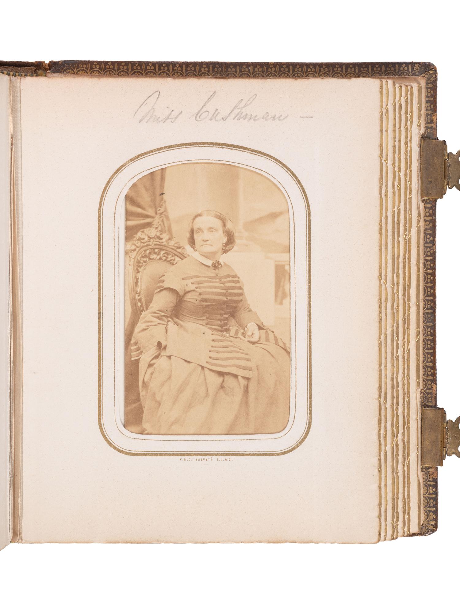 [LINCOLNIANA]. Album containing 50 CDVs of personalities from the US and abroad, featuring the Abraham Lincoln "Cooper Union" pose by Mathew Brady.