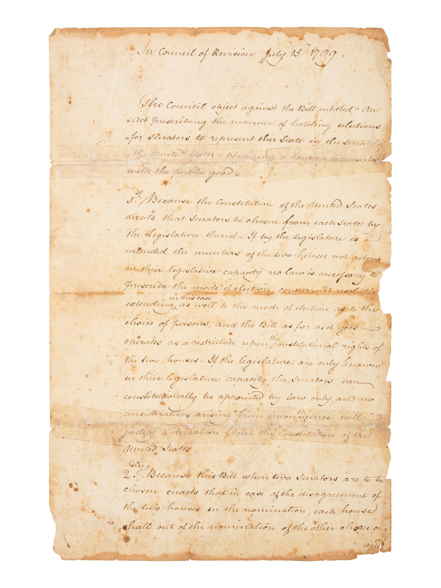 CLINTON, George (1739-1812). Council of Revision document twice-signed ("Geo. Clinton"), as Governor of New York, 15 July 1789.